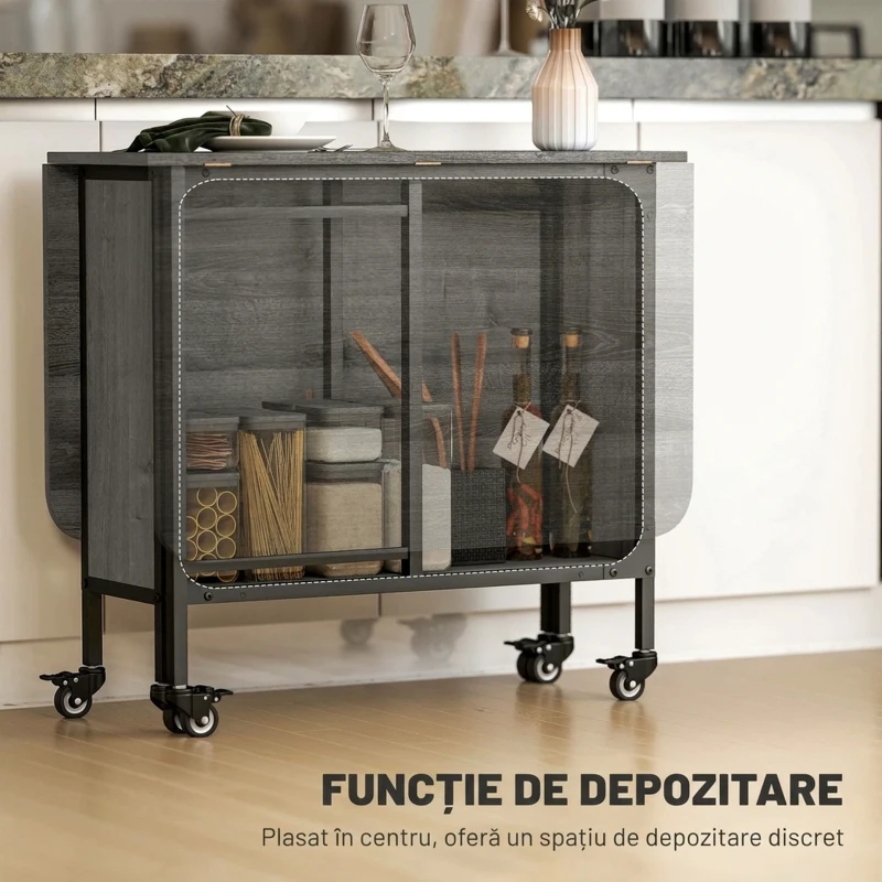 HOMCOM Masă de dining pliabilă pentru maximum 6 persoane, cu raft, din lemn și metal, 130x80x74 cm, gri