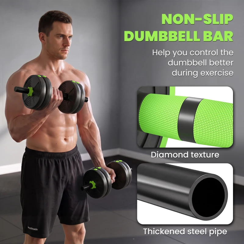 SPORTNOW 15 kg 3-in-1 Adjustable Dumbbell & Barbell Set with EZ Bar, Connecting Rod and Non-Slip Grip for Home Gym, Green