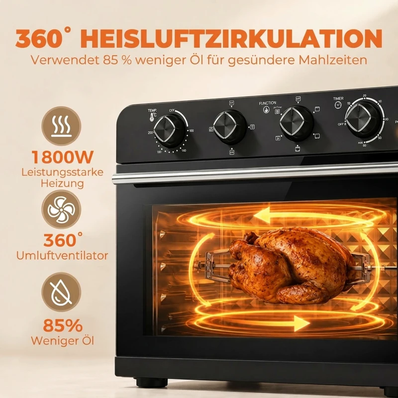 HOMCOM Airfryer-oven met hetelucht, draaispit-set, temperatuurregelaar, timer, 1800 W
