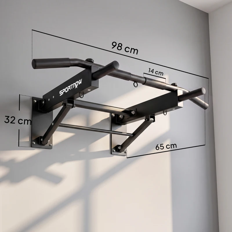 SPORTNOW Pull Up Bar Wall Mounted Chin Up Bar with Folding Design, 3 Hooks for Resistance Bands, Supports up to 120 kg, Black