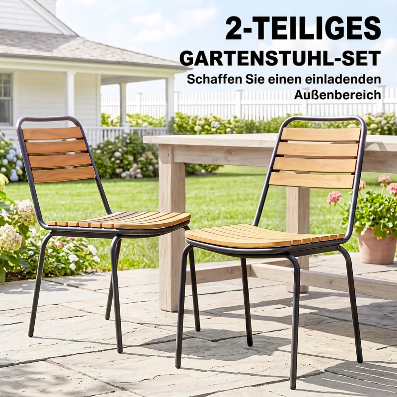 Outsunny Gartenstuhl 2er Set wetterfest Gartenstühle aus Stahl und Holz Stapelstuhl mit Rückenlehne bis 160kg belastbar Naturholz