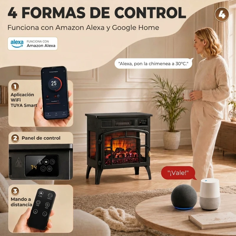 HOMCOM Chimenea Eléctrica 1000/2000 W con Efecto Llama 3 Vistas Termostato Wifi 5 Colores Temporizador 12h Negro
