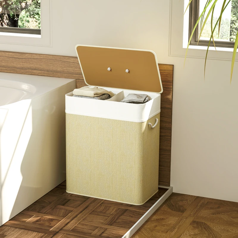HOMCOM Cesto de Ropa Sucia de Bambú con 2 Compartimentos Asas para Facilitar el Uso y Bolsas Desmontables Lavables 52x32x63 cm