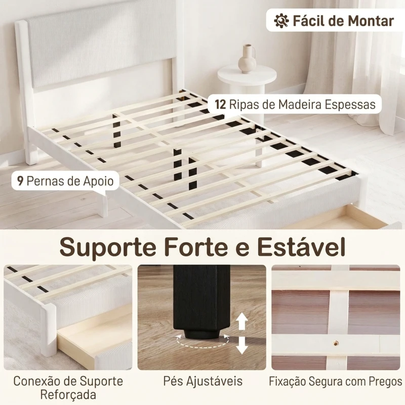 HOMCOM Cama Estofada 140x200 cm com Cabeceira Acolchoada, Gaveta de Arrumação e Ripas de Madeira, Bege