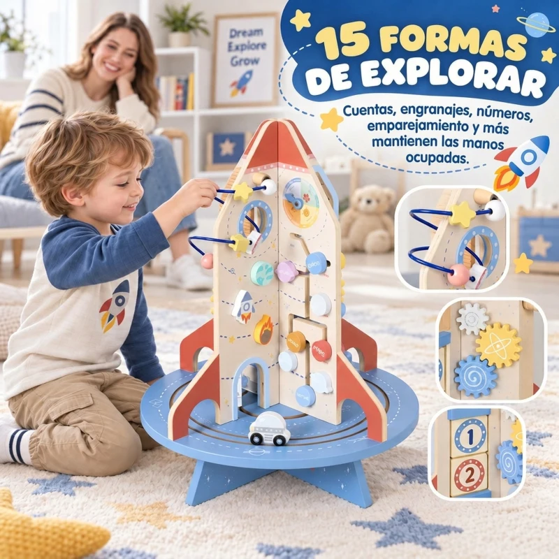 AIYAPLAY Cubo de Actividades de Madera Tema Cohete Juguete Montessori con Engranajes Laberinto de Cuentas Reloj Giratorio