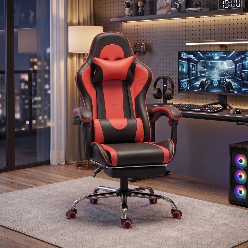 HOMCOM Cadeira Gamer Ergonômica Massageadora com Almofada Lombar Ajustável, Couro Sintético, Apoio para Pés, Vermelha