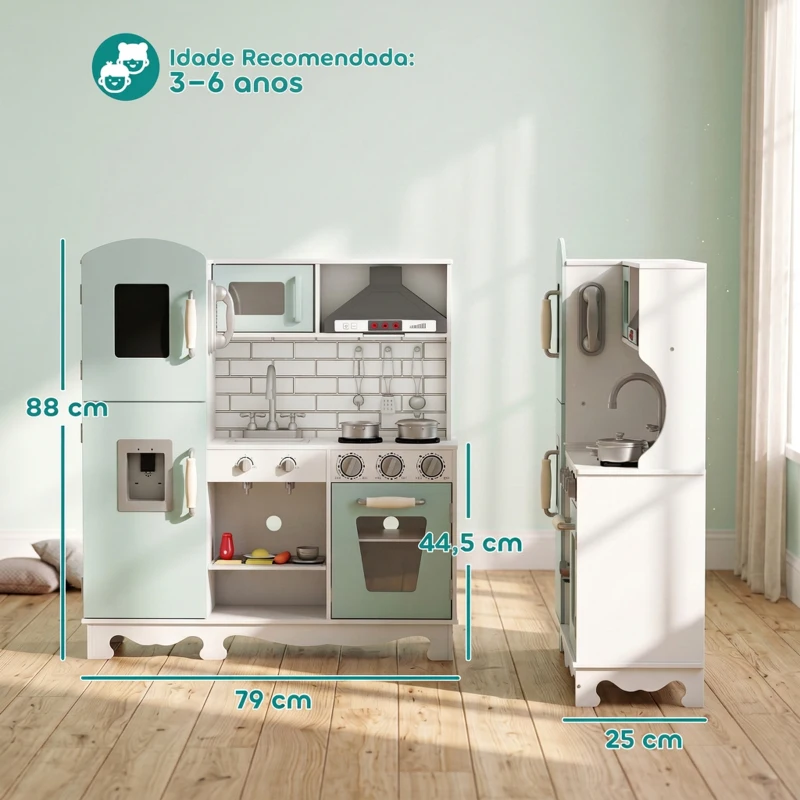AIYAPLAY Cozinha de Madeira com Luzes e Sons, Exaustor, Dispensador de Água, Máquina de Café, Frigorífico e Forno