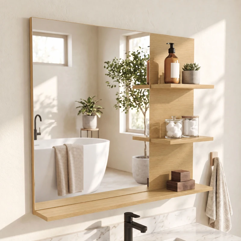 Kleankin Espelho de Banheiro com 3 Prateleiras Porta-objetos para Maquiagem, Rovere