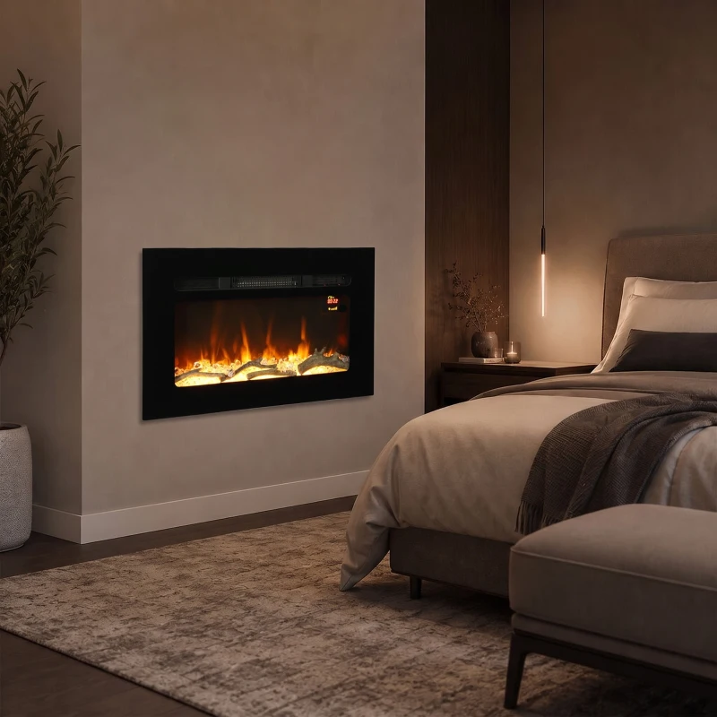 HOMCOM Chimenea Eléctrica 60 cm Empotrable o de Pared, 1800W, Temporizador 24 Horas, Llama Regulable, Cristales