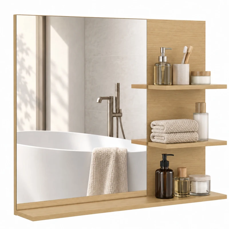Kleankin Espejo de Baño con 3 Repisas Portaobjetos para Maquillaje, Rovere