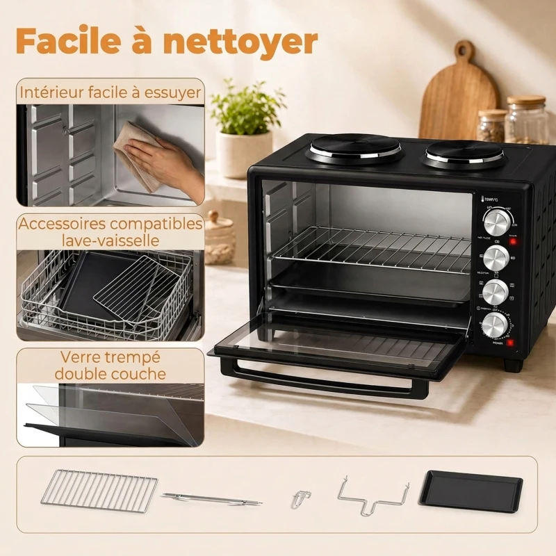 HOMCOM Mini-Four avec 2 Plaques de Cuisson et Broche Rotative 46L 2850 W, Four à Convection Multifonction, Minuterie, Noir