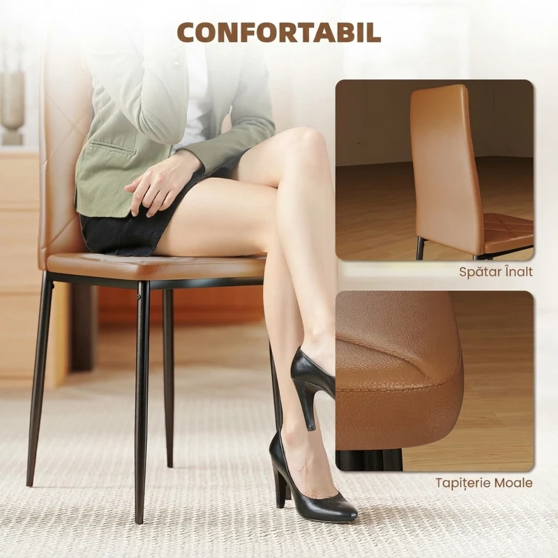 HOMCOM, Set de 6 Scaune de Dining Moderne, Cu Spătar Înalt, din Piele Ecologică și Oțel, 41x50x97 cm, Maro