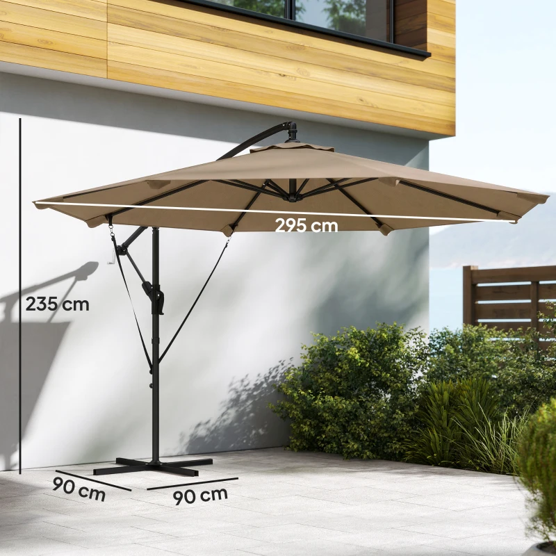 Outsunny Parasol Excéntrico Ø300 cm con Base Cruzada Manivela Funda Protectora y Cuerdas de Viento UPF30+ Caqui