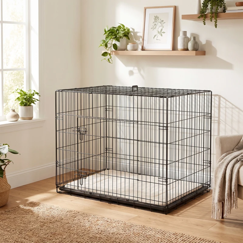 PawHut Cage caisse de transport pliante pour chien poignée, plateau amovible, coussin fourni 90 x 57,5 x 62 cm noir