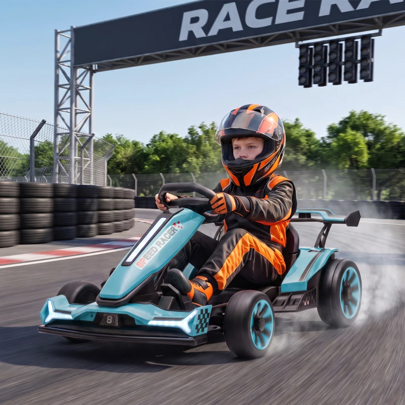 AIYAPLAY 24V Electric Go Kart for Kids 6-12 Years with Drift Mode, Adjustable Seat, 3 Speed, Slow Start, Light Blue