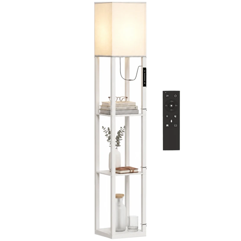 HOMCOM Lampă de podea cu rafturi, lampă modernă dimabilă de podea cu abajur din stofă, temperatură de culoare reglabilă, Alb