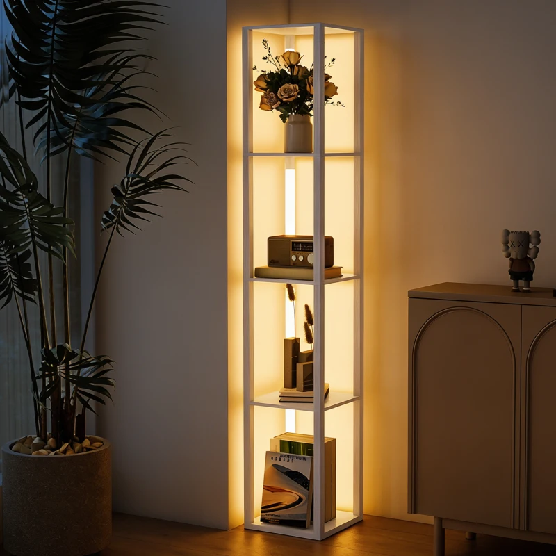 HOMCOM Lampă de podea LED cu rafturi, lampă modernă reglabilă cu 3 trepte de luminozitate și comutator pe picior, Alb