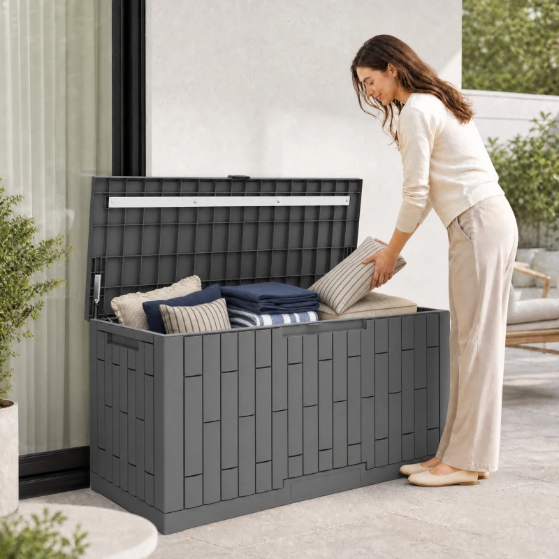 Outsunny Außen-Aufbewahrungsbox 379 L abschließbar mit Gasdruckfeder, Holzoptik, 122,5x56x62cm, Grau