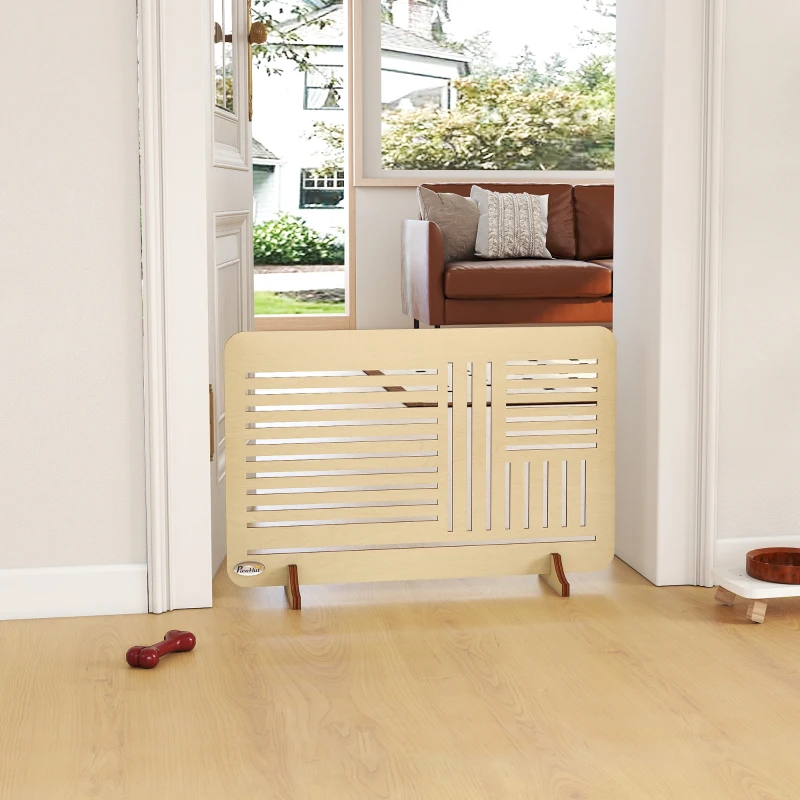 PawHut Freestanding Pet Gate, Portable Dog Barrier Gate with Feet for Small Breeds, 75 x 53 cm, Natural Wood