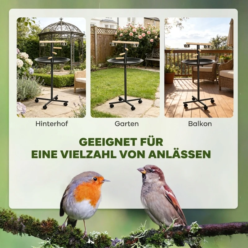 PawHut Vogelspielständer, tragbare Papageien-Sitzstange mit vier Rädern, Edelstahlschalen rundem Tablett