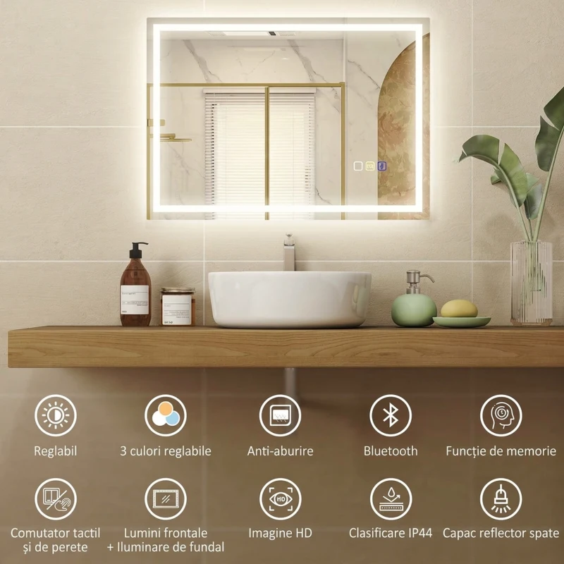 HOMCOM Oglindă de baie anti-aburire cu lumină LED reglabilă, difuzor Bluetooth, butoane tactile, 50x70 cm
