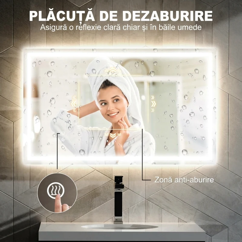 HOMCOM Oglindă de baie cu lumini LED reglabilă în 3 culori și strat antișoc, din sticlă și metal, 100x3x60 cm
