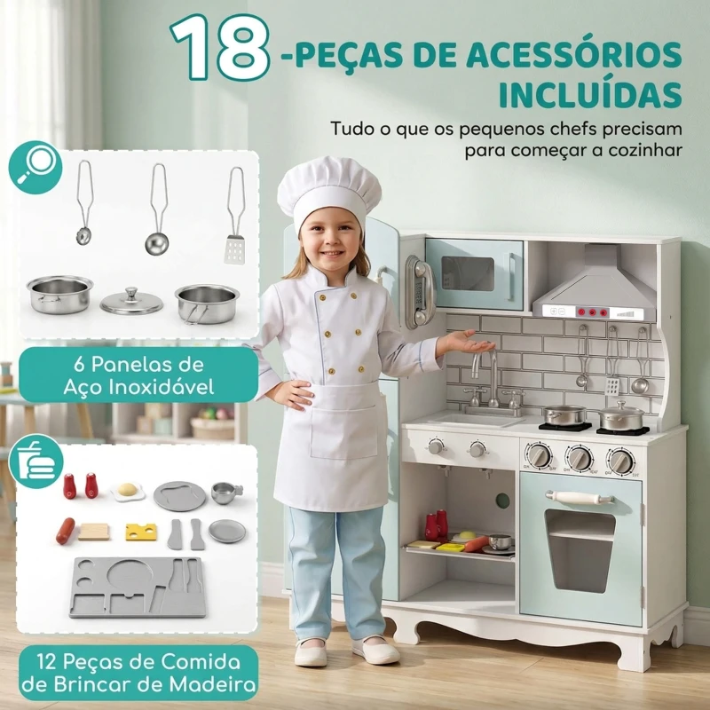 AIYAPLAY Cozinha de Madeira com Luzes e Sons, Exaustor, Dispensador de Água, Máquina de Café, Frigorífico e Forno