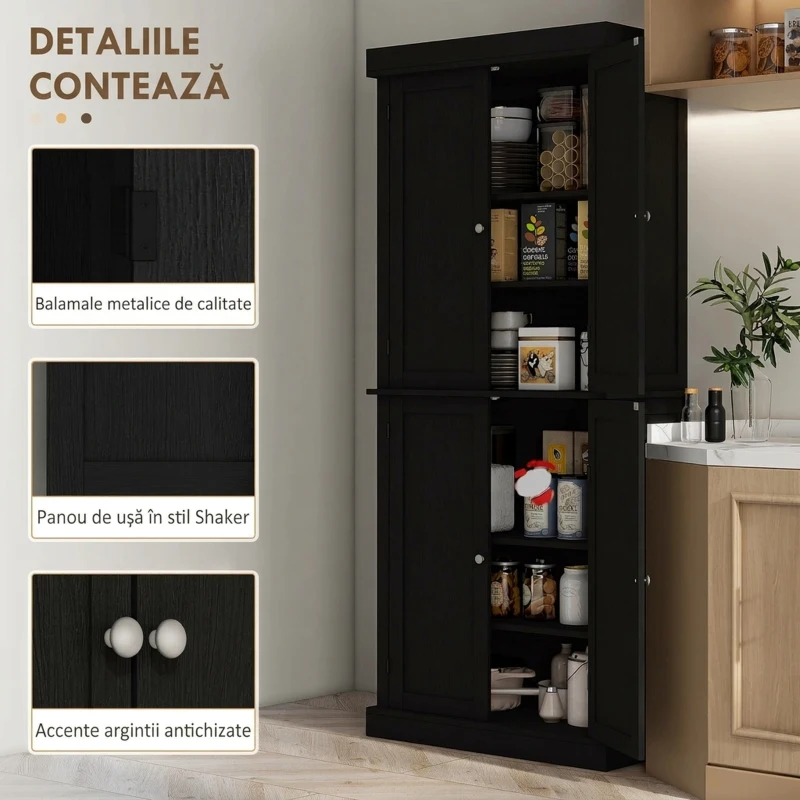 HOMCOM Dulap Înalt de Bucătărie cu 6 Rafturi Reglabile și 4 Uși din Lemn, 76x40.5x184 cm, Negru
