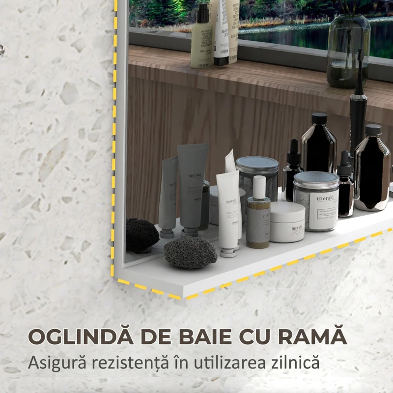 kleankin Oglindă de baie de perete cu raft, design modern și multifuncțional, 60x12x40 cm, alb