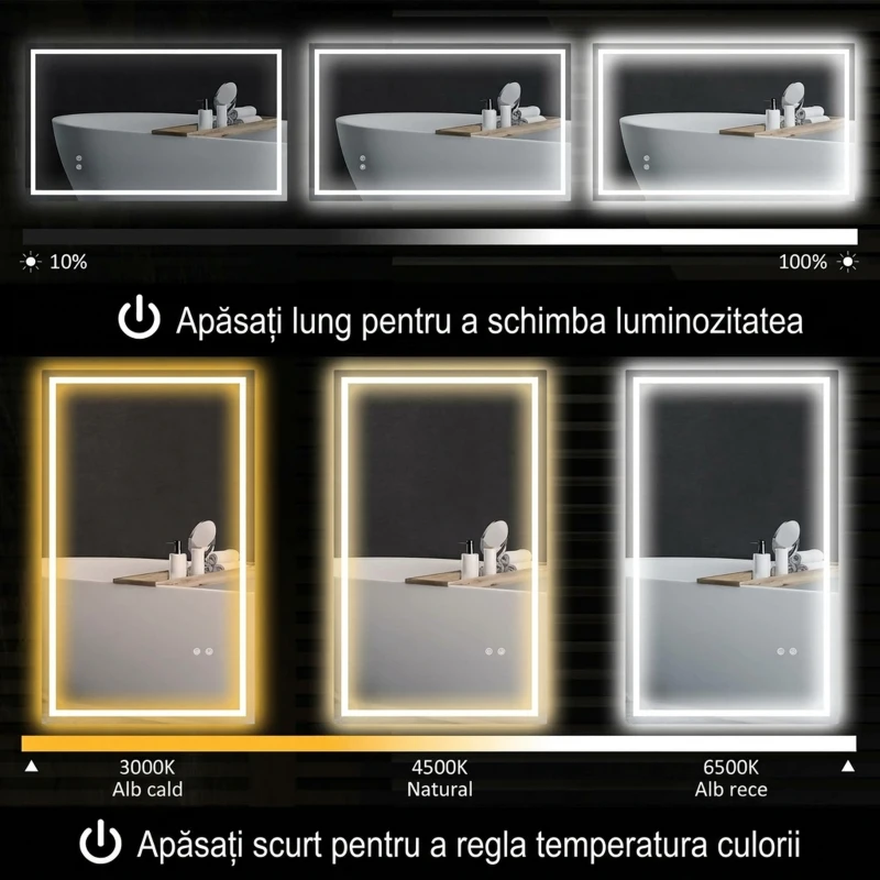 HOMCOM Oglindă de baie cu lumini LED reglabilă în 3 culori și strat antișoc, din sticlă și metal, 100x3x60 cm