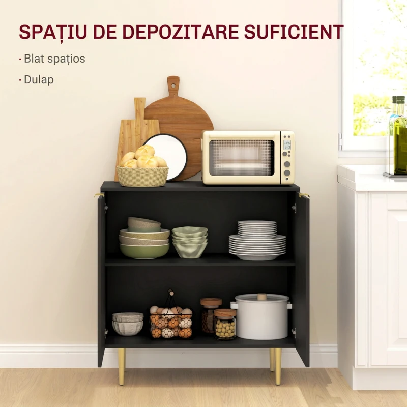 HOMCOM Bufet modern cu 2 uși și raft reglabil, mobilier tip bufet pentru bucătărie și living, cu picioare metalice, negru