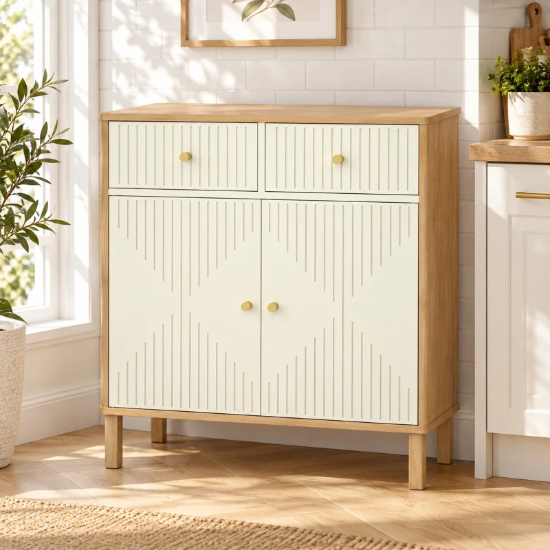 HOMCOM Bufet, corp de depozitare canelat cu blat cu aspect de stejar, 2 sertare, 2 uși, poliță reglabilă, 77x30x80cm, crem