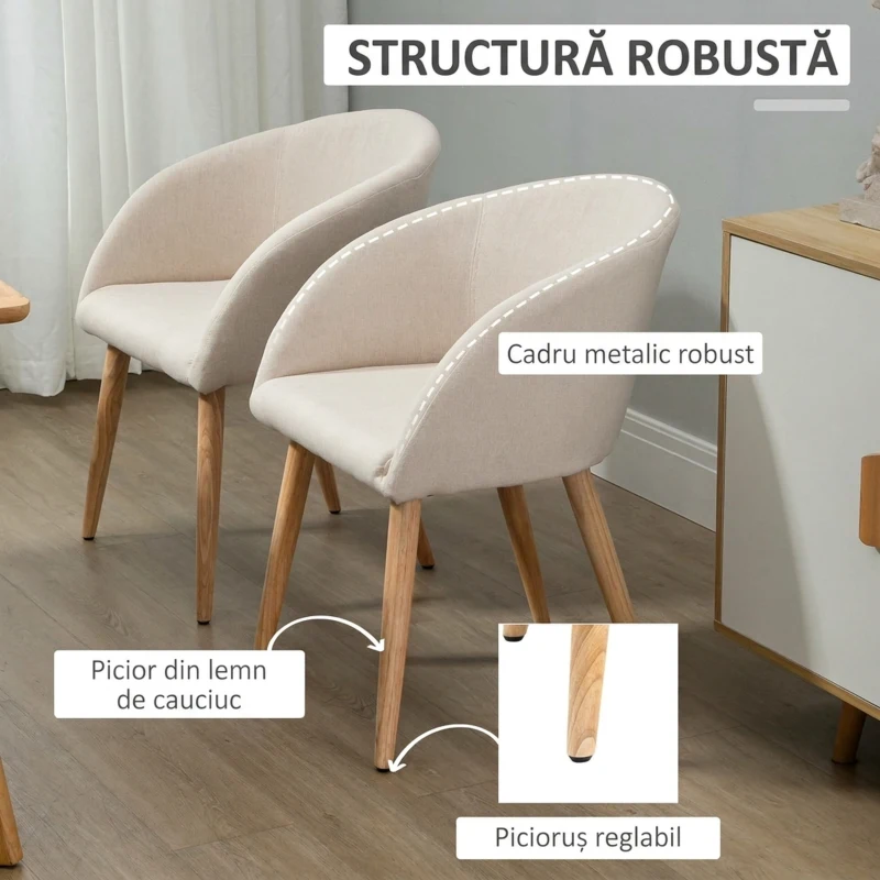 HOMCOM Set de 2 scaune de dining stil scandinav tapițate cu material textil, 55x56x74 cm, bej