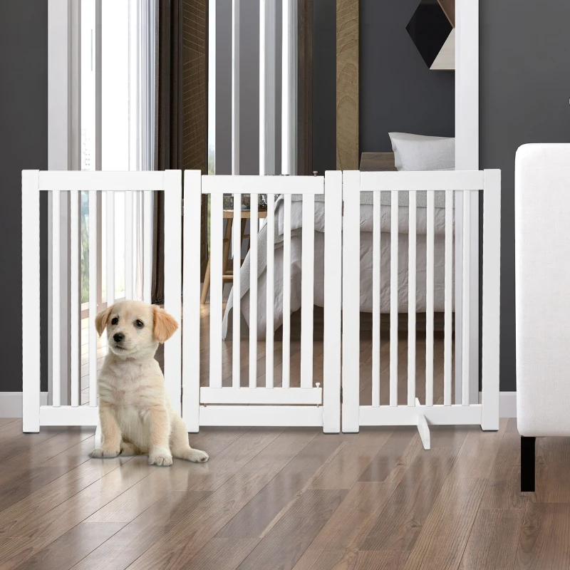 PawHut Barreira para Cães de Madeira Barreira para Animais de Estimação Dobrável de 3 Painéis com 1 Porta e Pés de Apoio 155x35,5x76 cm Branco