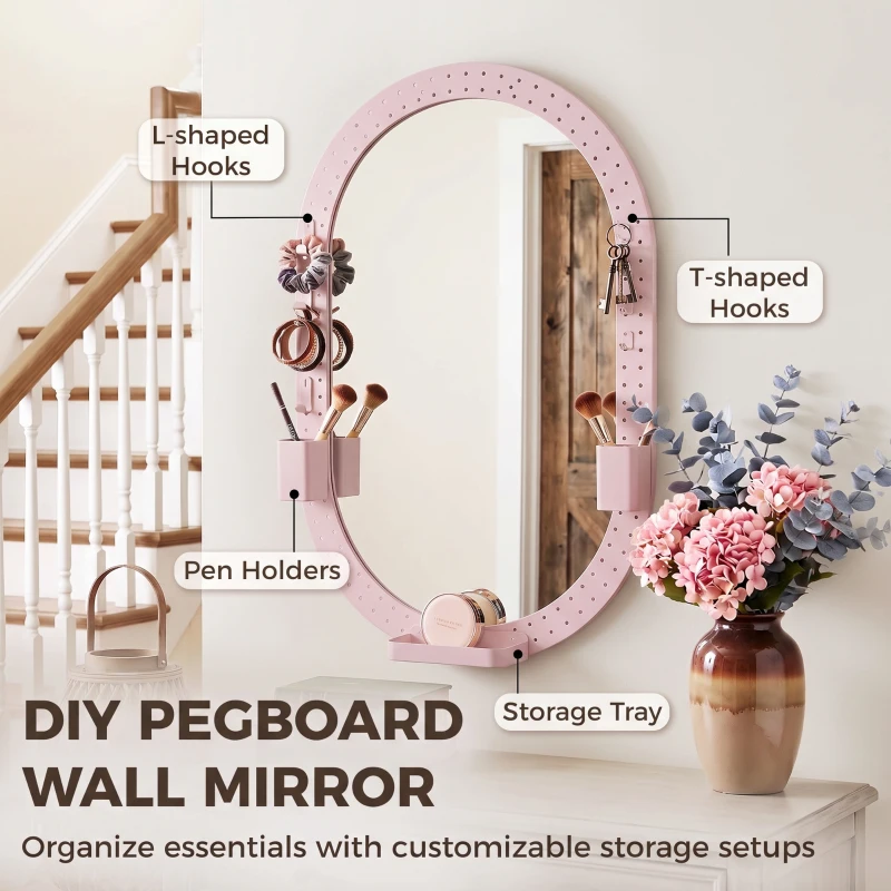 HOMCOM Oval Wall Mirror, 60 x 90 cm Decorative Hanging Mirror with Pegboard Frame, Wall-Mounted, Pink