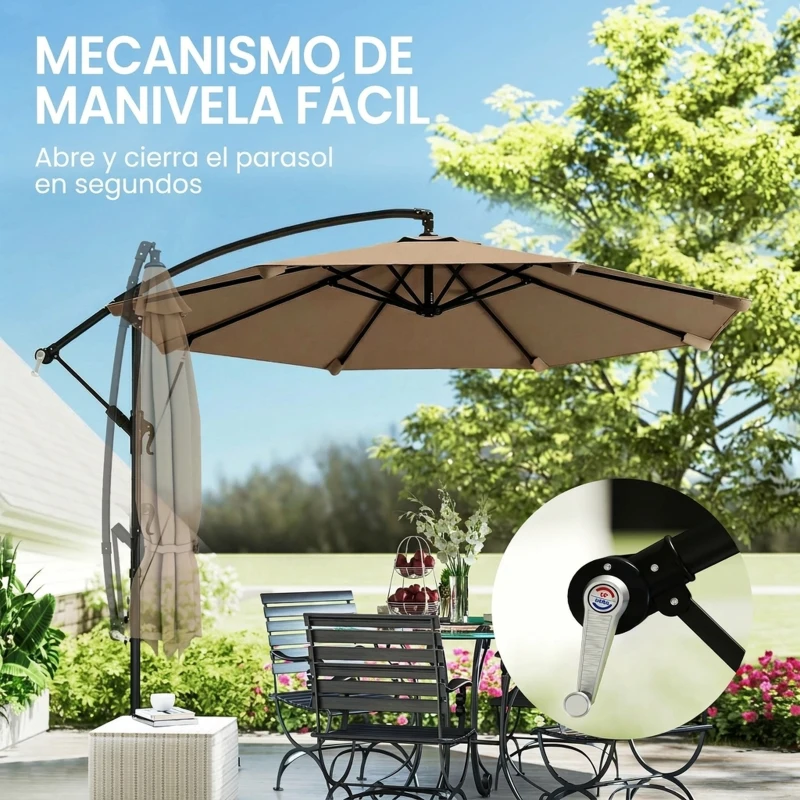 Outsunny Parasol Excéntrico Ø300 cm con Base Cruzada Manivela Funda Protectora y Cuerdas de Viento UPF30+ Caqui