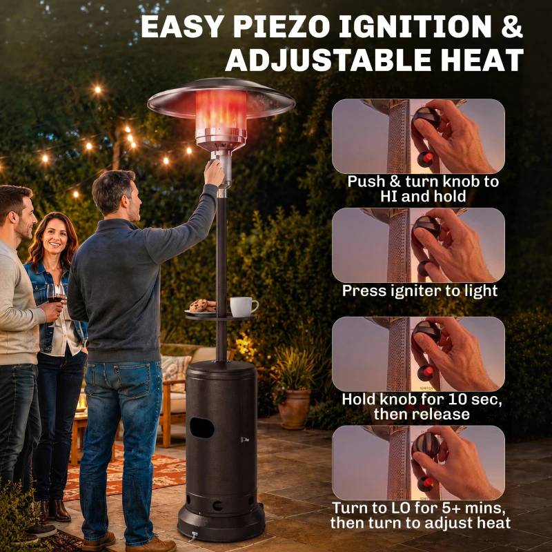 Outsunny Gas Patio Heater with Table Tray, 13 kW Portable Propane Outdoor Heater with Piezo Ignition, Tip-over Protection, Brown