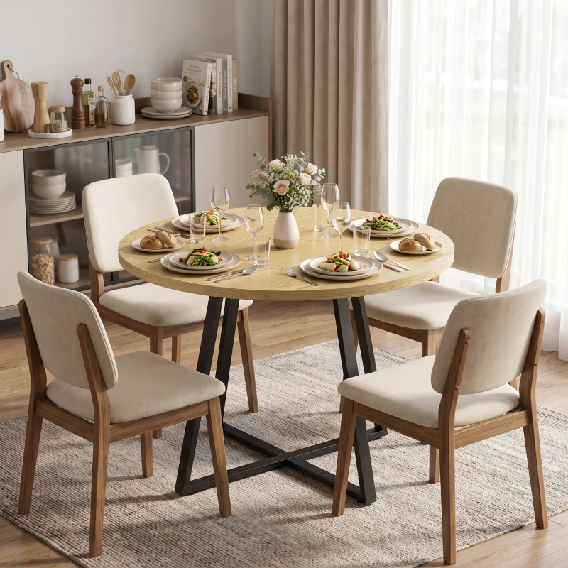 HOMCOM Mesa de comedor redonda para 4 personas Mesa de cocina redonda Estructura de acero 100cm Natural Negro