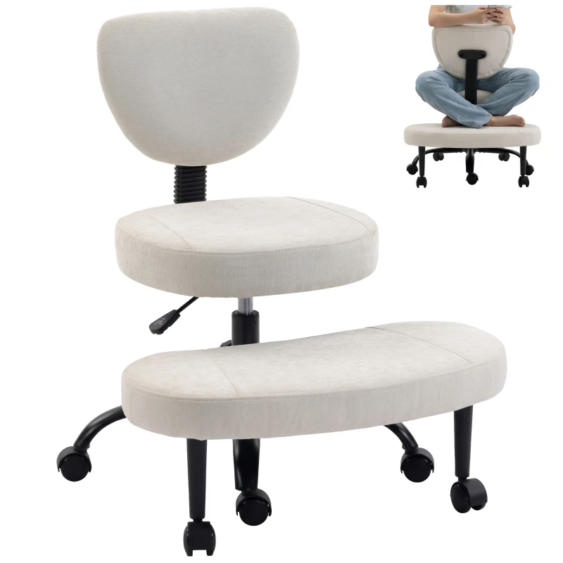 HOMCOM Scaun de birou ergonomic pentru picioare încrucișate rotativ 360° roți PU înălțime reglabilă pentru ADHD meditație crem