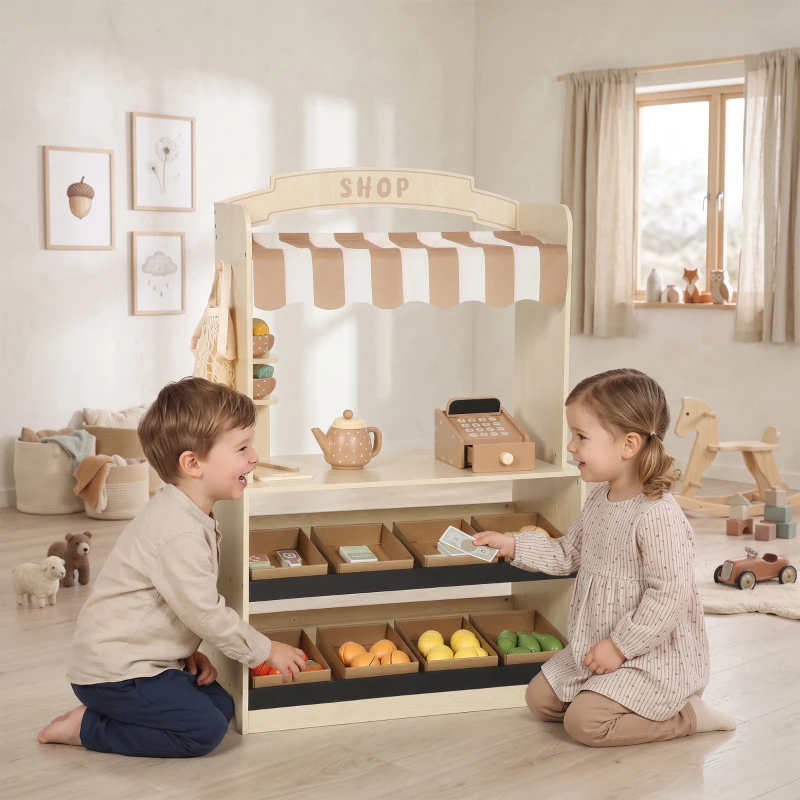 AIYAPLAY Supermercado Infantil de Madeira com Caixa Registadora, Jogo de Chá, Quadro, 8 Caixas e Toldo