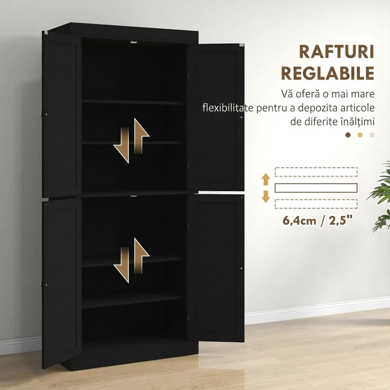 HOMCOM Dulap Înalt de Bucătărie cu 6 Rafturi Reglabile și 4 Uși din Lemn, 76x40.5x184 cm, Negru