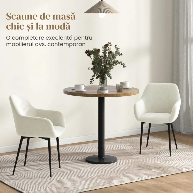 HOMCOM Set 2 Scaune de Dining Nordice Tapițate cu Brațe Curbate din Material Catifelat, 54x57x80 cm, Crem
