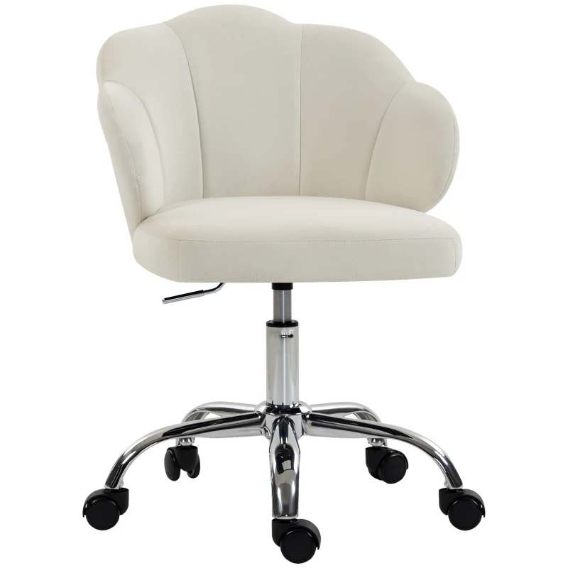 HOMCOM Chaise Bureau en Velours, Chaise Coiffeuse avec Dossier en Pétale, Hauteur Réglable, Fonction Bascule, Crème