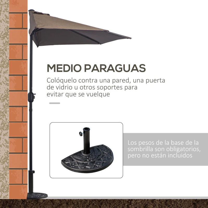 Outsunny Sombrilla 269x138x236 cm Parasol de Jardín con Manivela y Forma Semicircular Tela Poliéster 180 g/m² para Exterior Terraza Patio Piscina Café