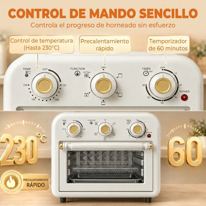 HOMCOM Horno Freidora de Aire 12 L con 3 Mandos Convección 360° Temperatura hasta 230 °C Temporizador 60 Min Bandeja y Cesta