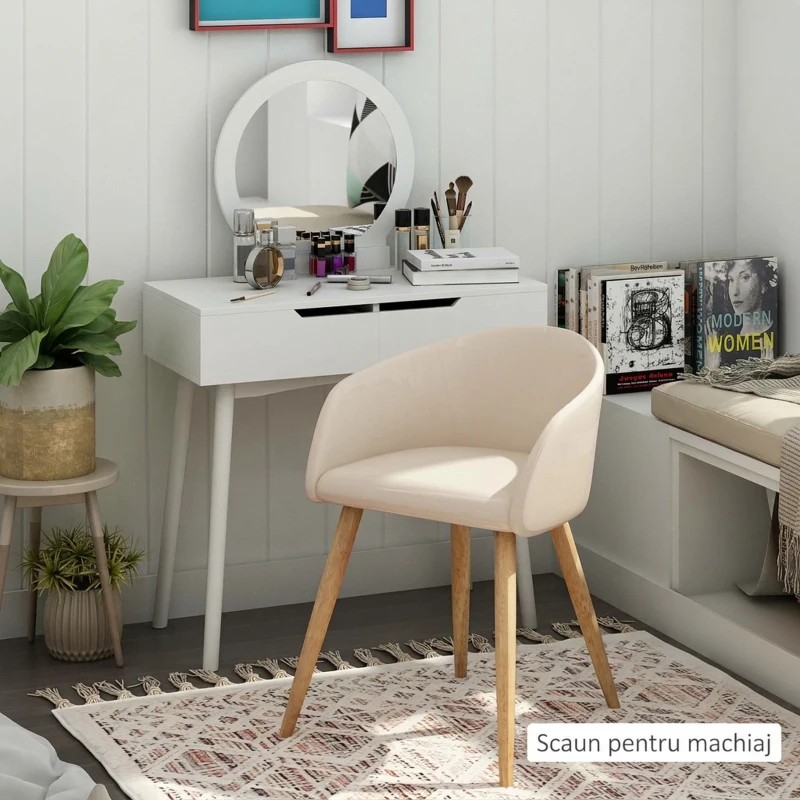 HOMCOM Set de 2 scaune de dining stil scandinav tapițate cu material textil, 55x56x74 cm, bej