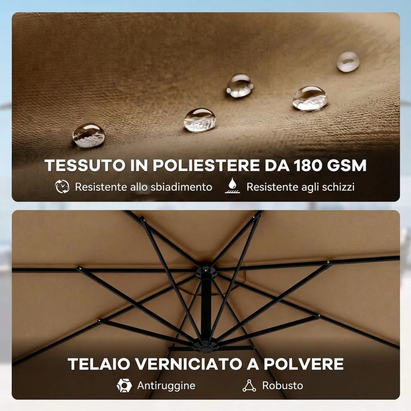 Outsunny Ombrellone a Sbalzo Ø3 m con Base a Croce e Manovella, in Metallo, PP e Poliestere, Cachi