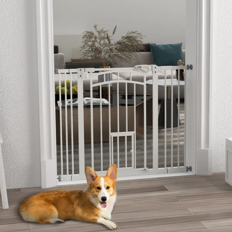 PawHut Barreira de Segurança para Cães 74-100 cm com Extensão Montagem a Pressão e Duplo Bloqueio para Porta Escada Branco