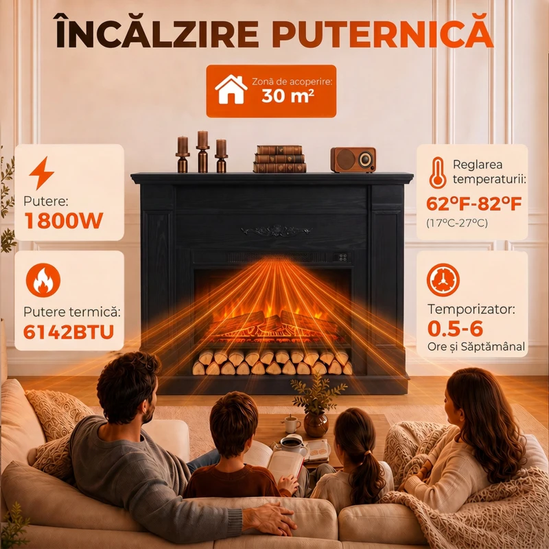 HOMCOM Șemineu electric de podea/încastrat, cu ramă și raft pentru TV 55 inch, 1800W, efect flacără 3D, timer, negru