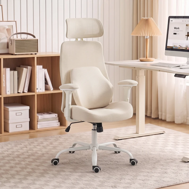 HOMCOM Ergonomischer Bürostuhl, Netz-Bürostuhl, Memory-Lendenstütze, verstellbare Armlehnen, Beige